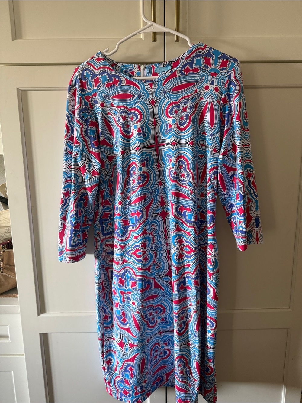 J. McLaughlin Blue, Red and White Abstract Jersey Midi Dress large